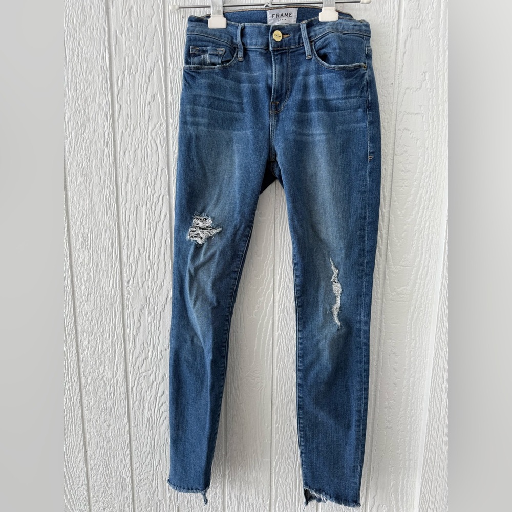 Frame Denim Blue Distressed Le Skinny de Jeanne Timber Jeans sz 26